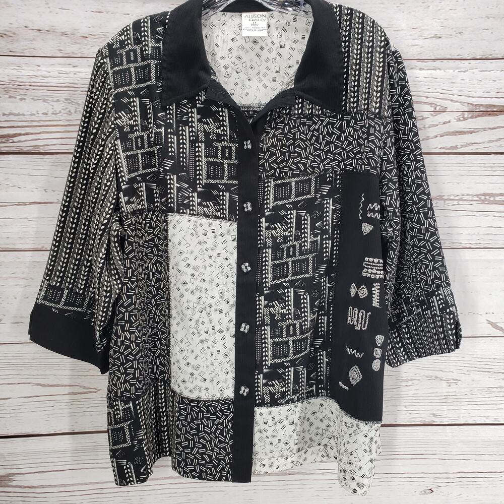 Allison Daley Women's Black & White 3/4 Sleeve Button Front Top Size 18W